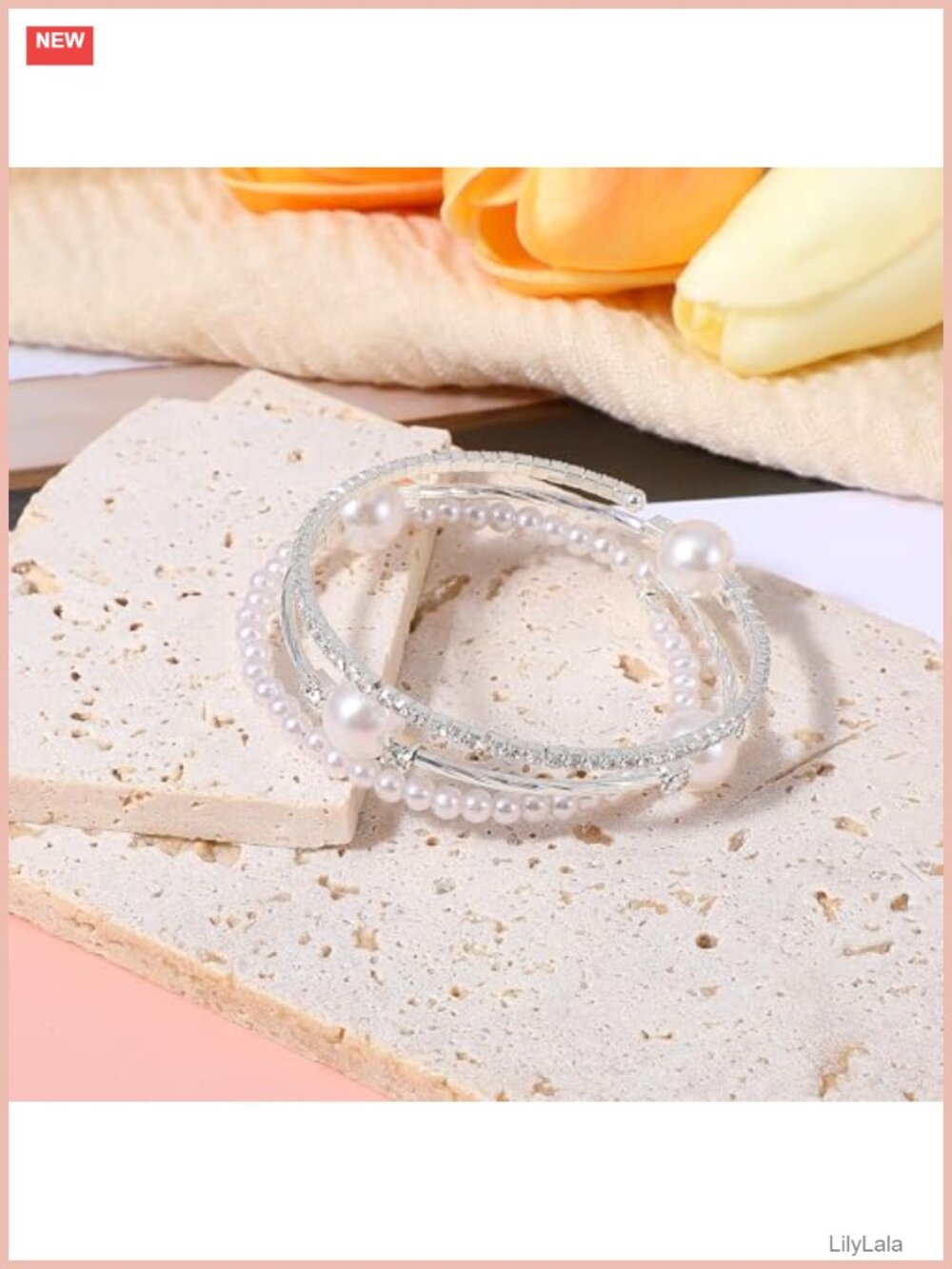 Silver Stretch Pearl Bracelet Stackable Rhinestone Layered Set - Picture 3 of 6